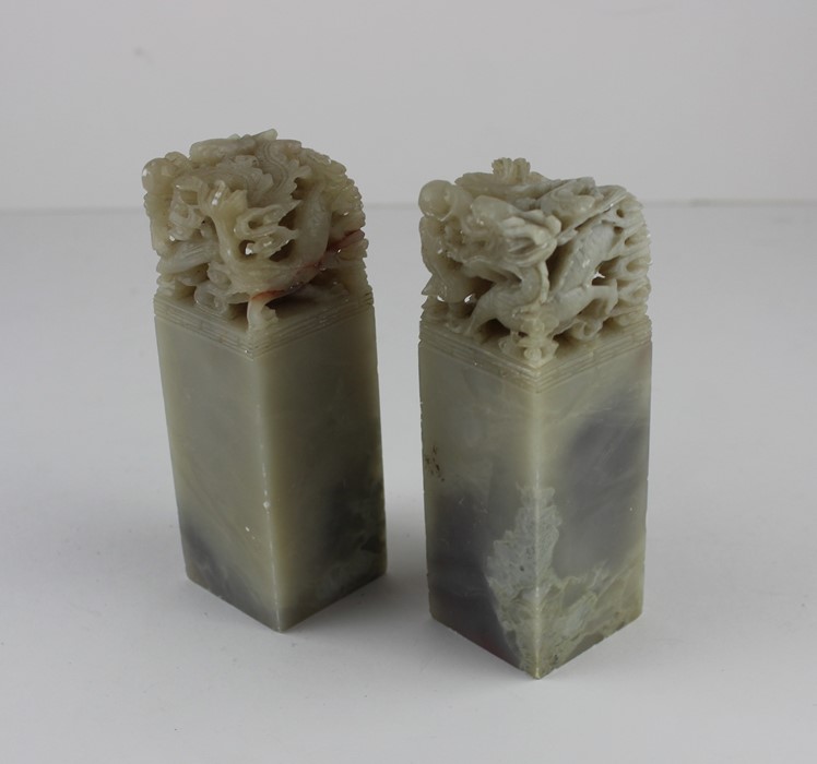 Two Chinese soapstone seals, of square form, the tops pierced and carved with scaled dragon, - Image 2 of 3