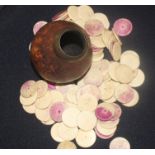 **TO BE COLLECTED**A treen dice shaker, fashioned from a dried fruit, together with a quantity of