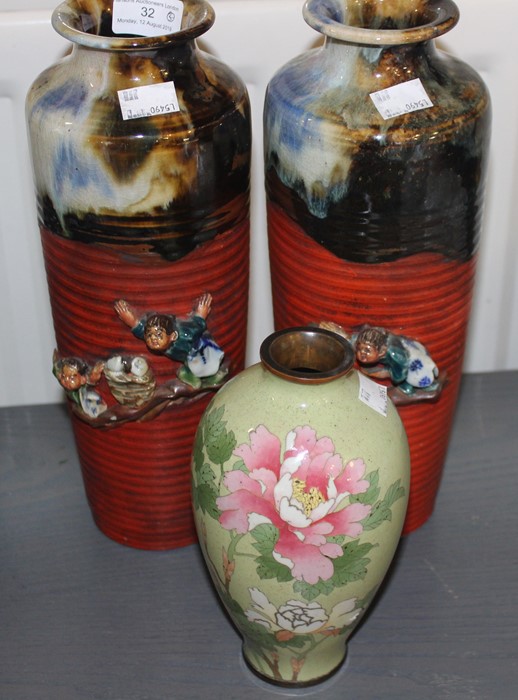 A pair of Japanese Meiji period vases, makers mark on the bottom (良斎), together with a cloisonne