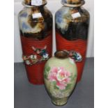 A pair of Japanese Meiji period vases, makers mark on the bottom (良斎), together with a cloisonne