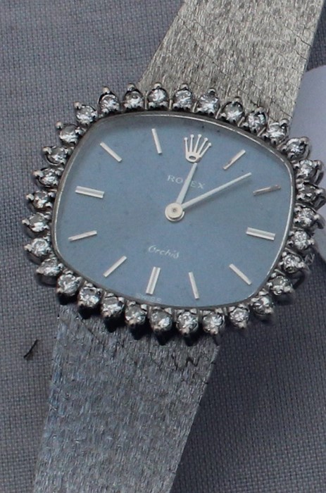 A 18ct. white gold Rolex Orchid ladies' bracelet watch, cal.1400, manual wind, having signed blue