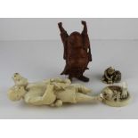 A collection of Japanese Ivory and wooden items to Include a Meiji Period Netsuke , Okimono figure