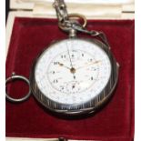 A scarce Lip telemeter chronograph pocket watch in Huguenin Freres silver niello case, crown wind,