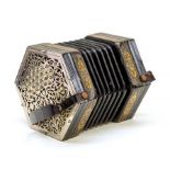 A Charles Jeffries 49 button concertina, having hexagonal ebonised wood and gilt tooled black