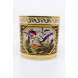 A Derby Bloor large mug, painted with a panel of exotic birds, printed mark, H. 13cms, Diameter