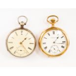 A gold plated open faced Elgin, Roman numerals along with a silver pocket watch