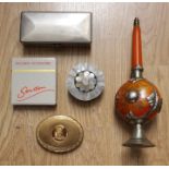 An Amberline and metal incense stick holder and a mother of pearl covered box. A razor box two