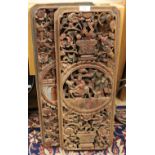 Two Chinese carved wooden figure panels assessed late 19th early 20th Century