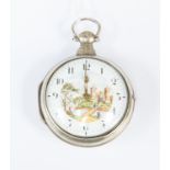 A silver pair cased fusee pocket watch with pictorial painted scene to dial, the brass movement