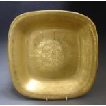 A Royal Worcester acid etched gilded square dessert dish, 20th Century, gilt mark England, 23.5cm by
