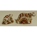 Royal Crown Derby Bengal Tiger and cub paperweights, silver stoppers (2)