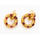 A Victorian pair of earrings, circular form set with oval amethyst and Etruscan revival filigree