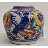 Poole vase, with blue bird and floral detail, marked IQB to base, 11cms high approx