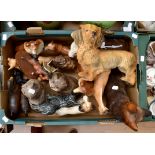 A collection of Beswick and other factories animals including Beswick grey cat, palomino horse and