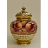 A Royal Worcester  hand painted fruits potpourri with pierced cover and lid -  height approx
