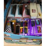 Two boxes of assorted diecast including Lledo Days Gone, Corgi Tramlines, Corgi Barton Bus Set,