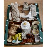 Two boxes of art pottery including mug with frog inside, figurines etc, mainly Bretby Pottery