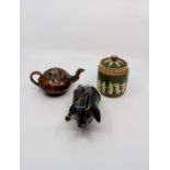 Small quantity of ceramics to include blue and green glazed Tabasco jar, pig money bank (