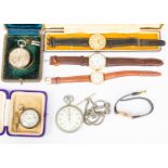 A collection of watches and pocket watches to include a 1930's 9ct rose gold watch on a leather