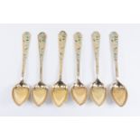 A set of six modern Russian silver gilt and floral enamel tea spoons