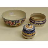 Three Poole Pottery pieces including small lidded preserve pot, 11cms high approx, small bowl, 12cms