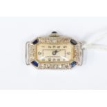 A ladies Art Deco diamond and sapphire set platinum cocktail watch, rectangular cut corner head