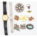 A selection of ladies and gents watches along with silver and yellow metal costume jewellery (Q)