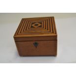 A 19th Century square parquetry inlaid tea caddy, single lidded division interior, brass ball feet