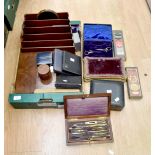 An Edwardian mahogany letter rack, together with a quantity of treen and other empty boxes (parcel)