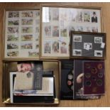 Framed tea cards and stamp with commemorative cased coins