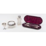 A collection of silver to include; Victorian silver Christening set knife, fork and spon, GA