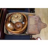 Treen items to include maple pot and cover, a Welsh yew pedestal pot with finial topped lid, a