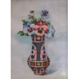 A pair of porcelain plaques depicting still life of Imari vases and pansies, framed (2)