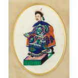 A pair of Chinese oval costume paintings on silk, early 20th Century, seated gentleman and lady