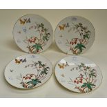 A set of four Victorian Aesthetic dessert plates, each outline transfer printed and hand painted