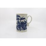 A Worcester blue and white large mug, circa 1760, blue and white, 15 cms high, large repaired crack,