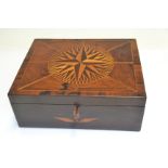 A 19th Century treen table casket, parquetry inlaid sunburst device to the cover