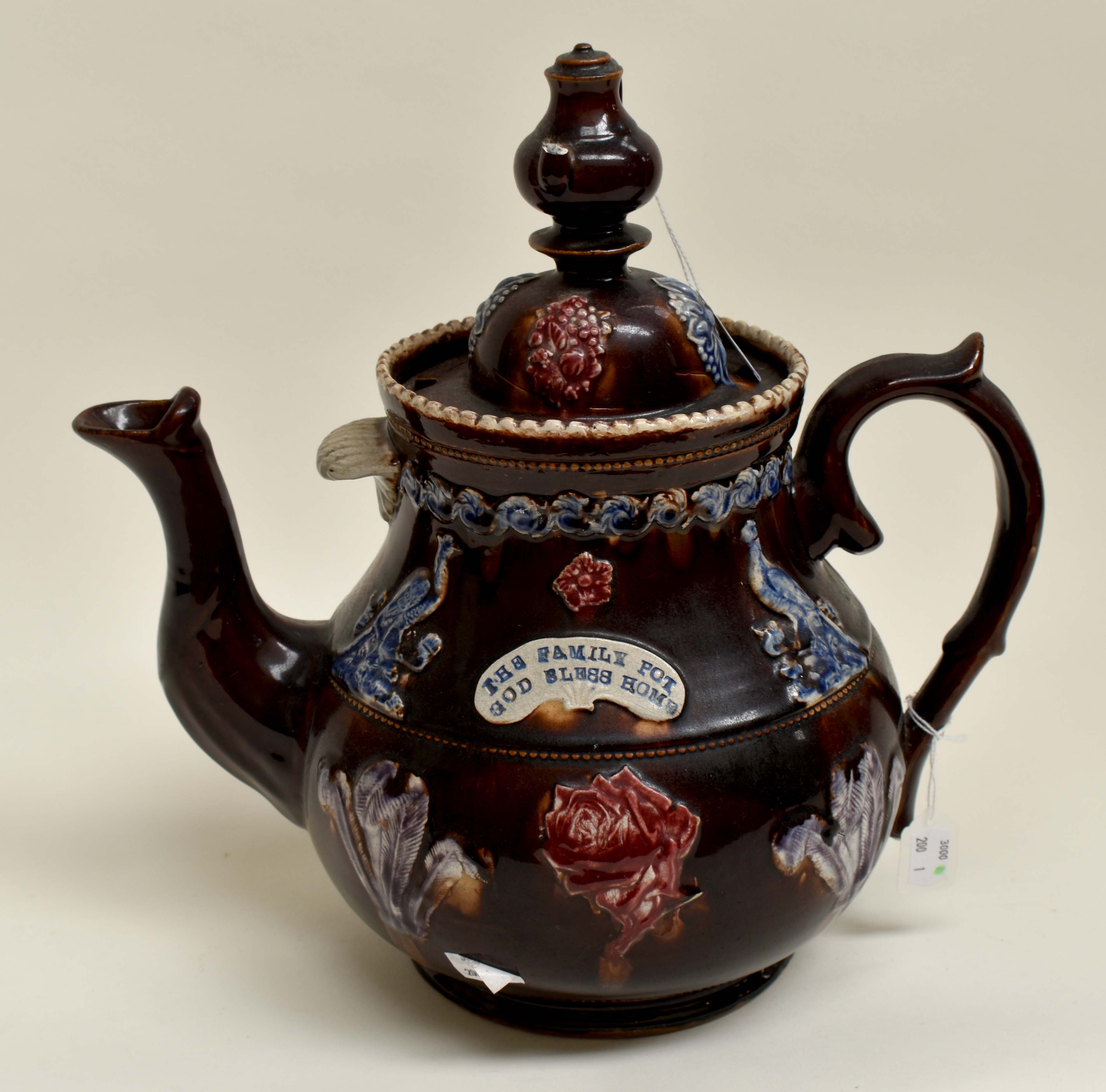 A Bargeware teapot with coffee pot finial (spout brokers but present), applied roses, Prince of - Image 6 of 6