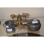 Victorian postal scales with weights along with two pewter pots