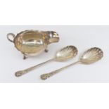 Two silver dessert spoons, London 1898, George Jackson and David Fullerton and a sauce boat,
