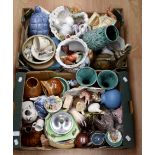 Two boxes of ceramics, earthen ware includes cottage tea pot, biscuit barrel, cats, birds, vases (