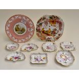 Seven Crown Derby Posy pattern pin trays, Crown Derby High Tor Matlock plate, Derby Olde Avesbury