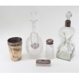 Quantity of glass and silver items to include a Georgian horn beaker with white metal rim and
