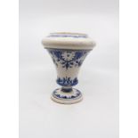 A Delft pedestal vase, inverted baluster shape, pedestal base has been off and repaired, nibbles
