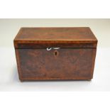 A George III amboyna tea caddy, parquetry strung, double division interior, brass ball feet