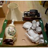 Lamp, tea set and model car