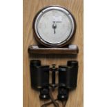 Early cased 20th Century binoculars Carl Zeiss with a desk or mantle oak cased barometer