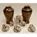 Two 20th Century Satsuma style vases, and Japanese Klimax Geisha lady coffee set