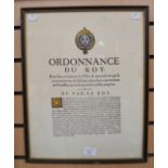 A framed copy of the Ordnance Du Roy, 1684, signed by Louis the Fourteenth