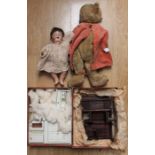 Early 20th Century Teddy Bear, late 19th Century A.M bisque doll and a collection of dolls house